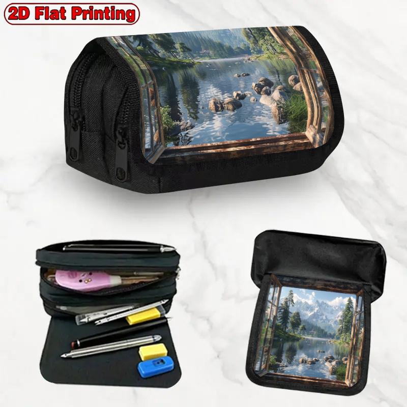 1pc Double Layer Flip Pencil Case Suitable for Schools & Offices - Multi-Layer Zipper Closure Storage Cover with Lakes & Snowy Mountains Design, 2D Fl