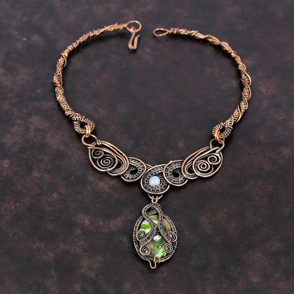 Australian Chrome Chalcedony Necklace Copper Wire Wrapped Necklace Rainbow Moonstone Gemstone Necklace Handmade Copper Jewelry Gift For Wife