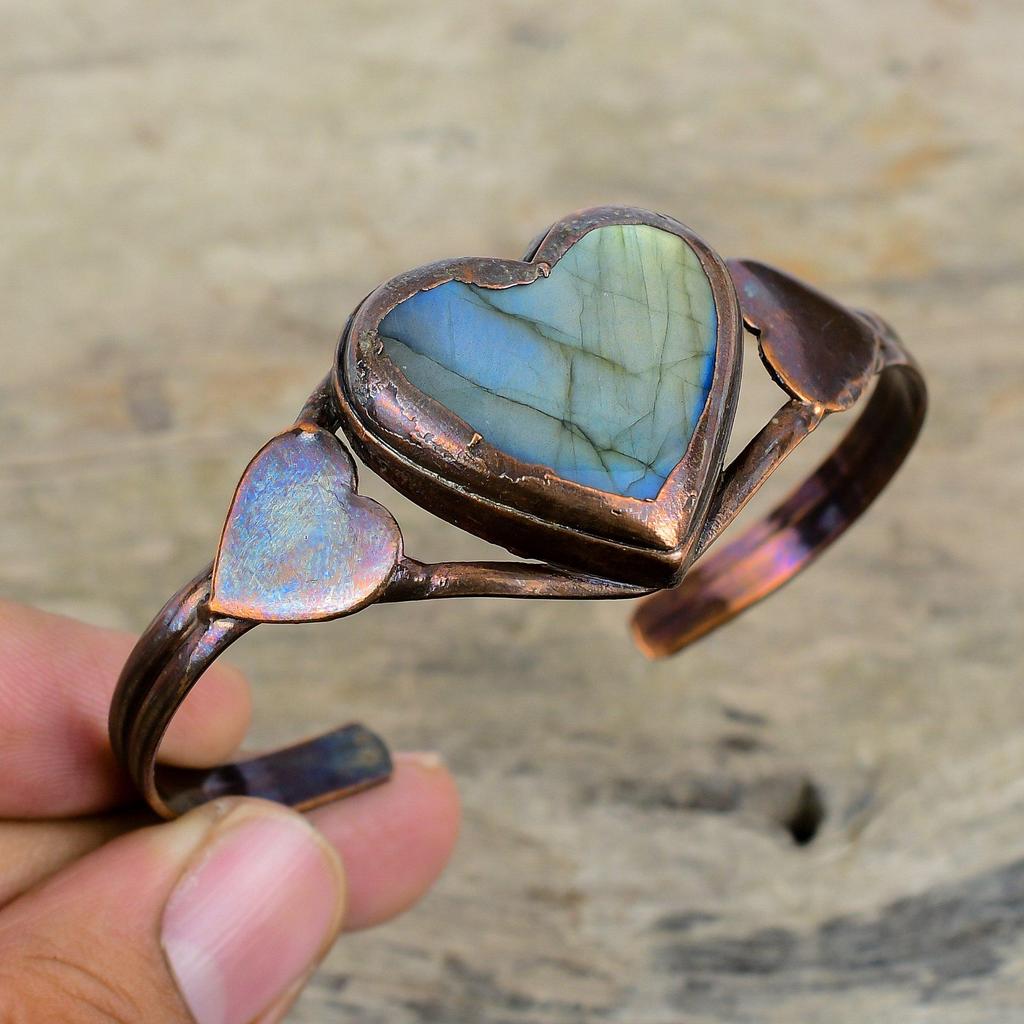 Браслет-манжета из лабрадорита, гальванопластированная медь, регулируемый браслет-бэнгл, браслет с драгоценным камнем, медные украшения ручной работы, украшения из лабрадорита, подарки для нее