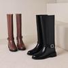 Krazing Pot Cow Skin Autumn Winter Shoes Riding Boots Round Toe Keep Warm Metal Square Buckle Med Heels Thigh High Boots