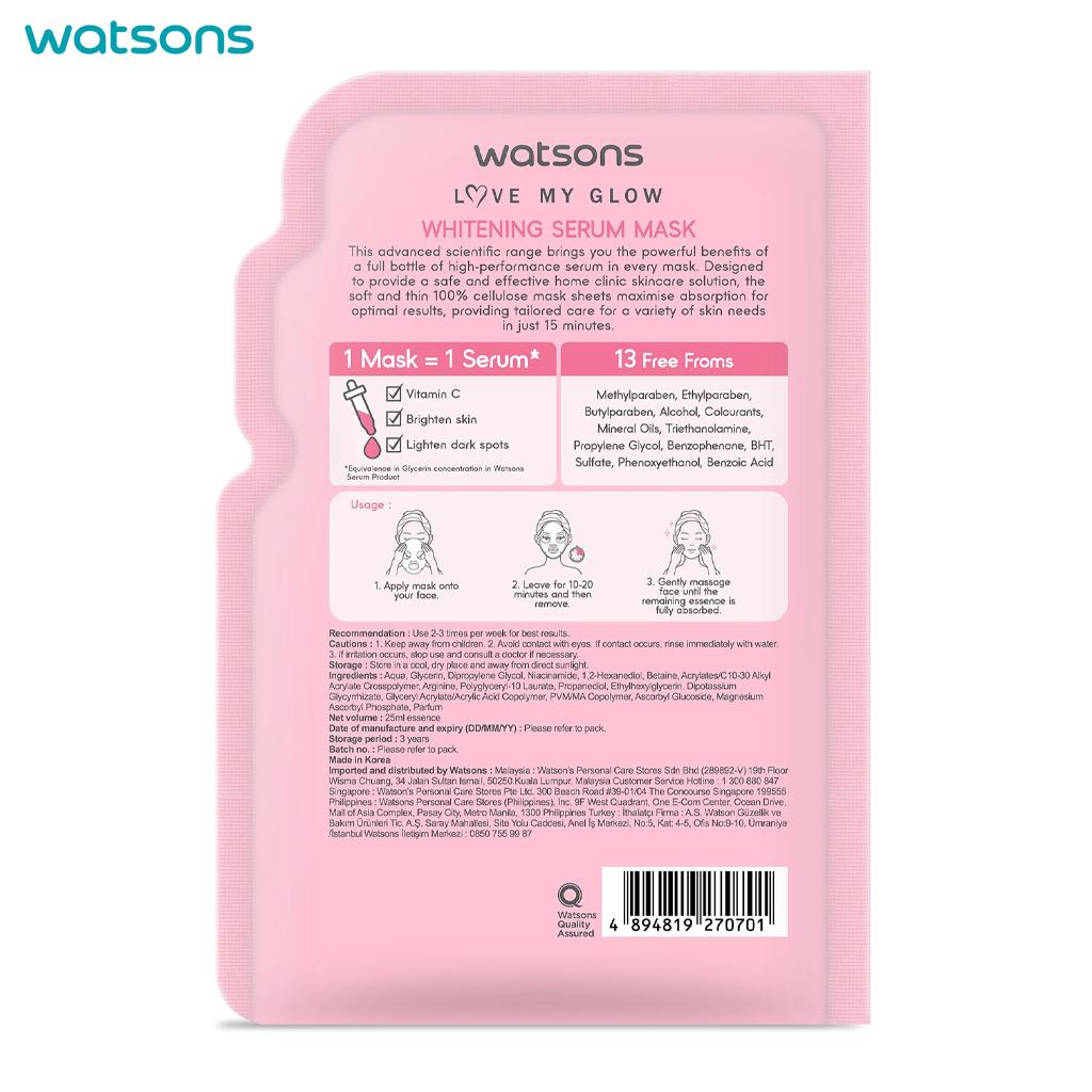 Watsons Love My Glow Whitening Serum Mask, Dull & Uneven Skin, Dermatologically Tested, Suitable for Sensitive Skin, 25 Ml. X 3 Pcs