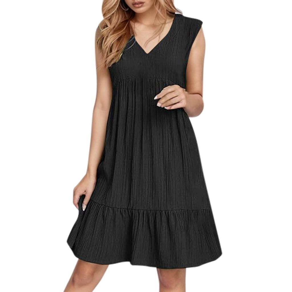 Ladies' Casual And Fashionable Solid Color Dress, Loose Sleeveless Waist Cinched Dress