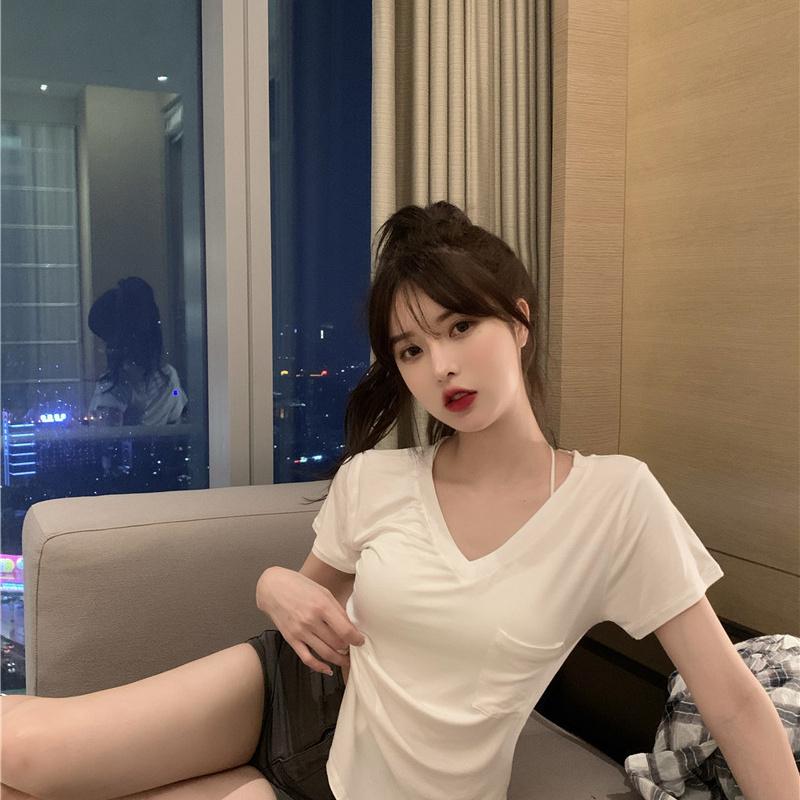 Women Spring Summer Solid Color Short Sleeve T-shirt V-Neck Pocket Slim Irregular Blouses Pullover Base Top M-XXL