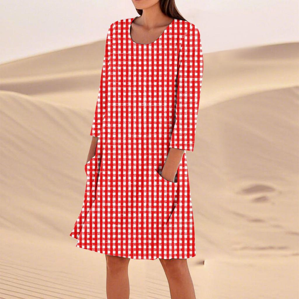 Женское однотонное модное свободное повседневное платье с рукавом три четверти Женское модное свободное повседневное платье с принтом в горошек и рукавом три четверти