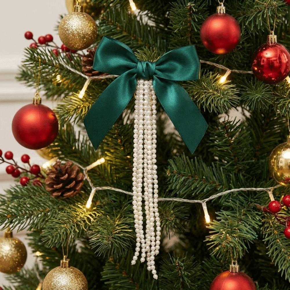 DIY Bowknot Pearl Hanging Pendant Ribbon Christmas Tree Topper New Year Gift