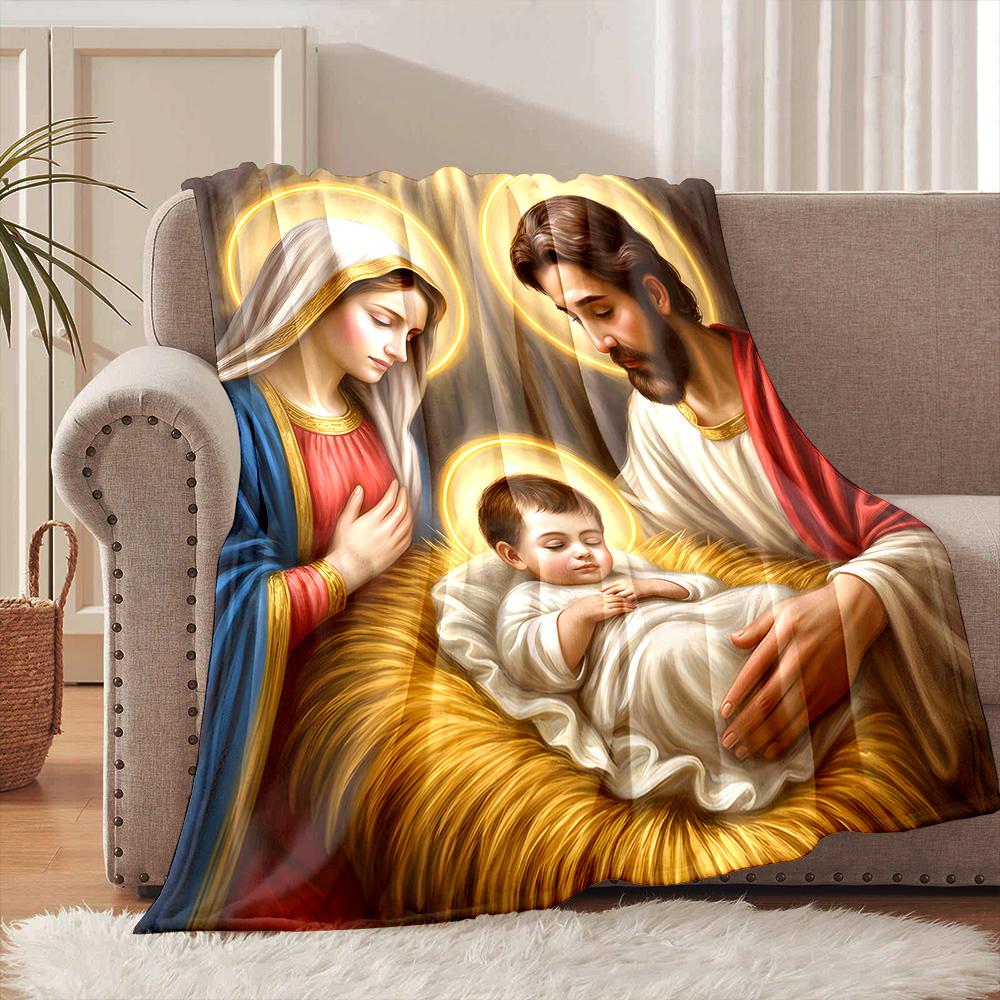 1PC Holy family with halos Faith-printed Flannel Blanket Soft and Warm Suitable for Home Travel Picnics Camping and RV Use