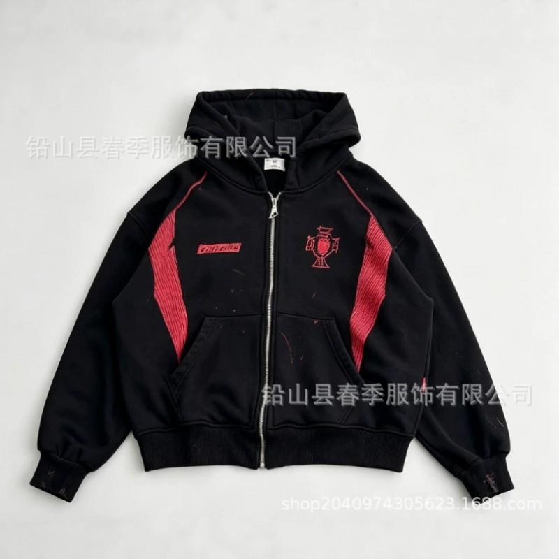 Mens Hooded Sweatshirt Set Vintage Flame Patch Zip-Up Top Casual Pants Streetwear Men Women