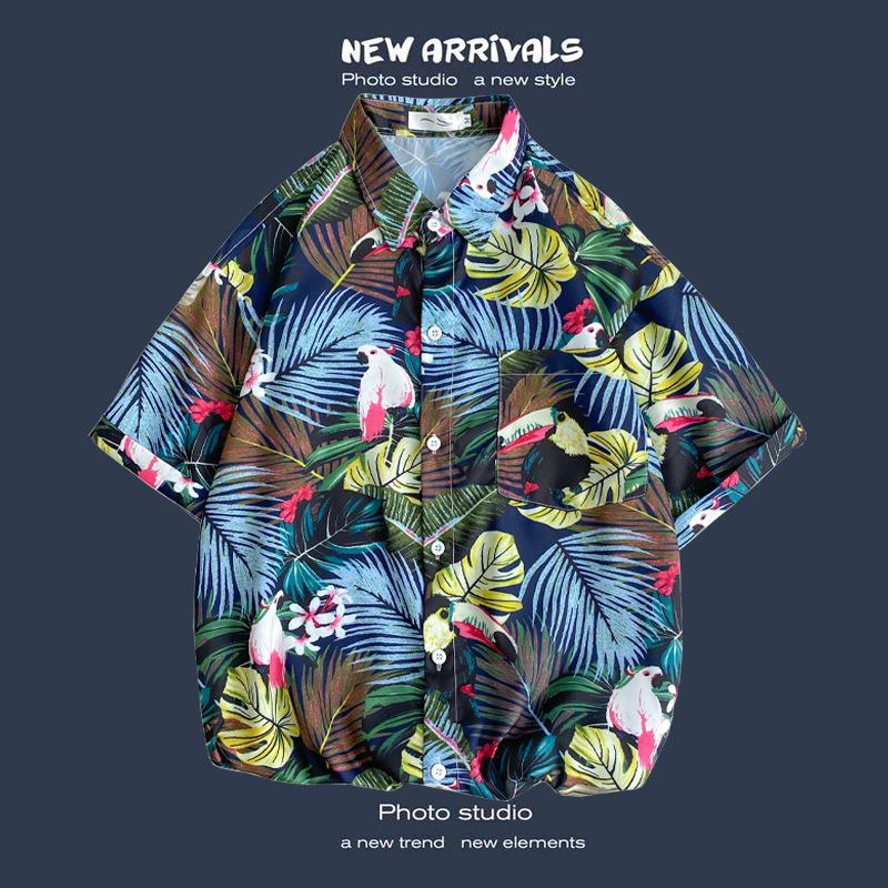 Retro Floral Shirt Blouse for Man Hawaiian Short-sleeved Floral Shirt Men's Loose Trend Couple All-match Five-point Sleeves