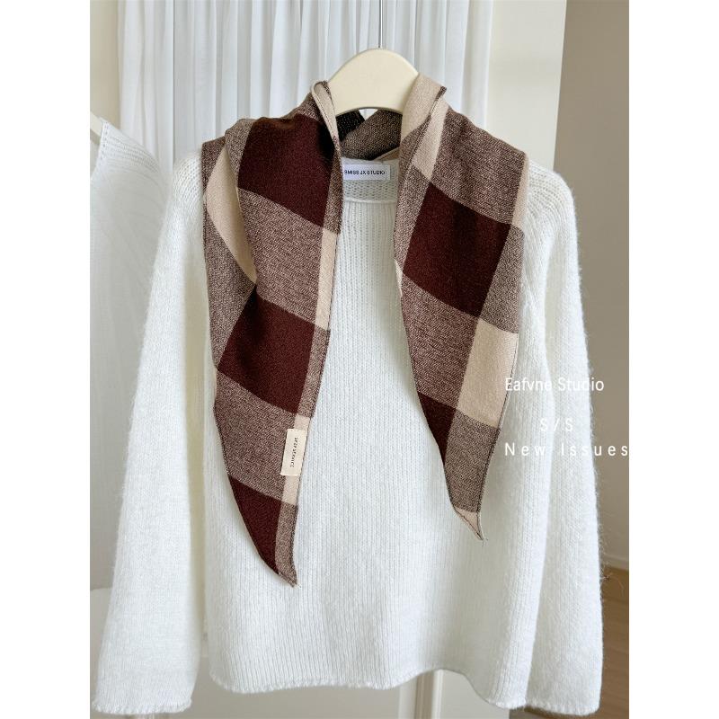 Autumn and Winter Warm Plaid Scarf for Women Korean Version Versatile Literary Retro Knitted Silk Scarf Neck Protector