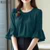 Женская повседневная блузка с круглым вырезом, летняя, с рукавами 3/4, расклешенными к низу, однотонная