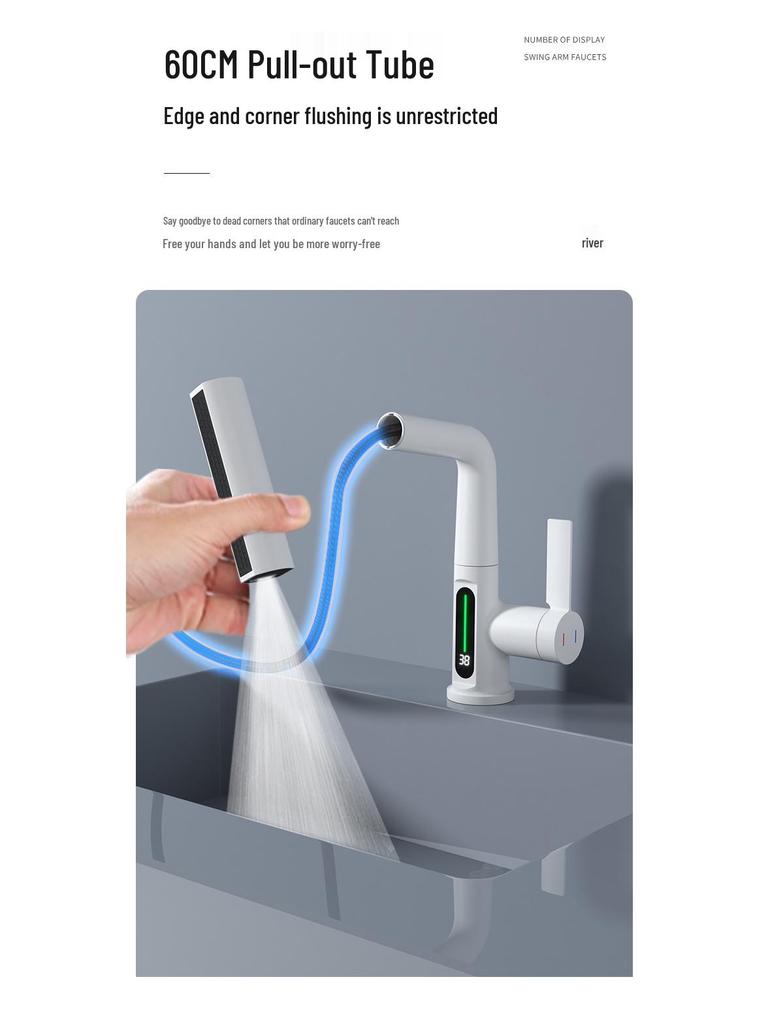 Rotating Brass Countertop Basin Faucet with Digital Display & Aerated Waterfall