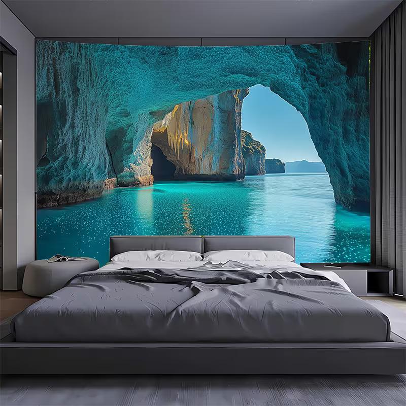 2D Glowing Ocean Cave Tapestry, Turquoise Water Rock Arch Background Cloth for Bedroom