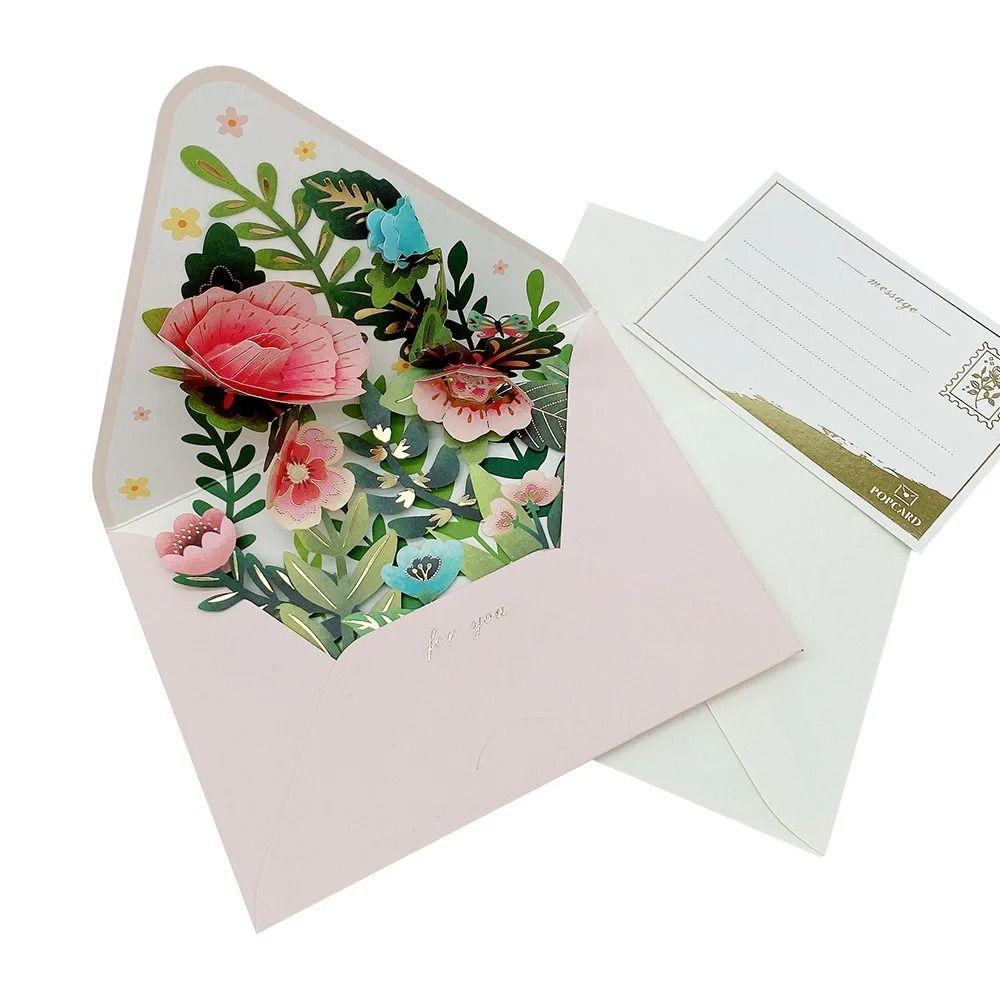 Romantic Flower Birthday Christmas Card with Envelope Flowers Postcard Wedding Party Invitation