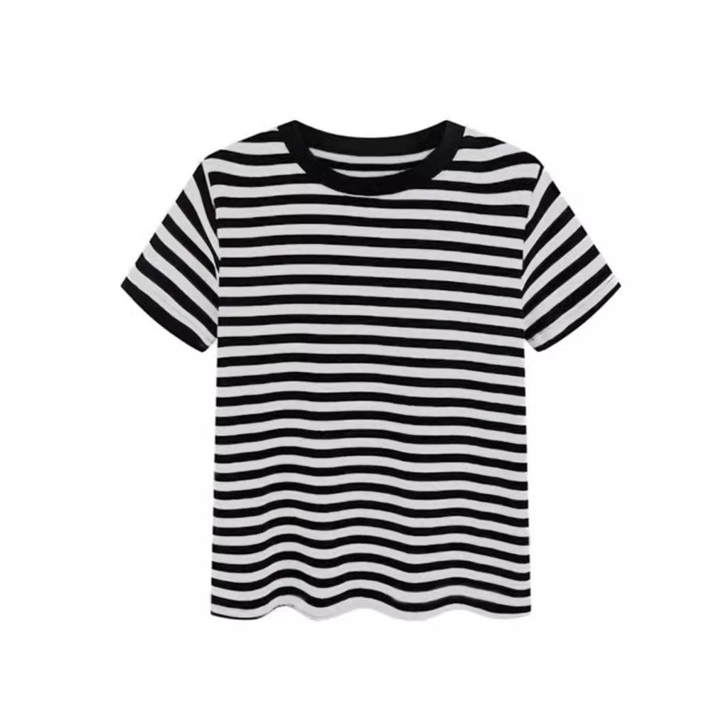 GMXIA Color Contrast Striped Short-sleeved T-shirt Women's Spring and Summer Design Sense Niche Slimming Short Shoulder T-shirt Base Top