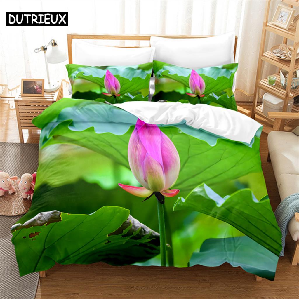 Розовый лотос Королевский комплект постельного белья Зеленый пододеяльник Детское постельное белье Цифровая печать Постельное белье Пододеяльник King Size Комплект постельного белья