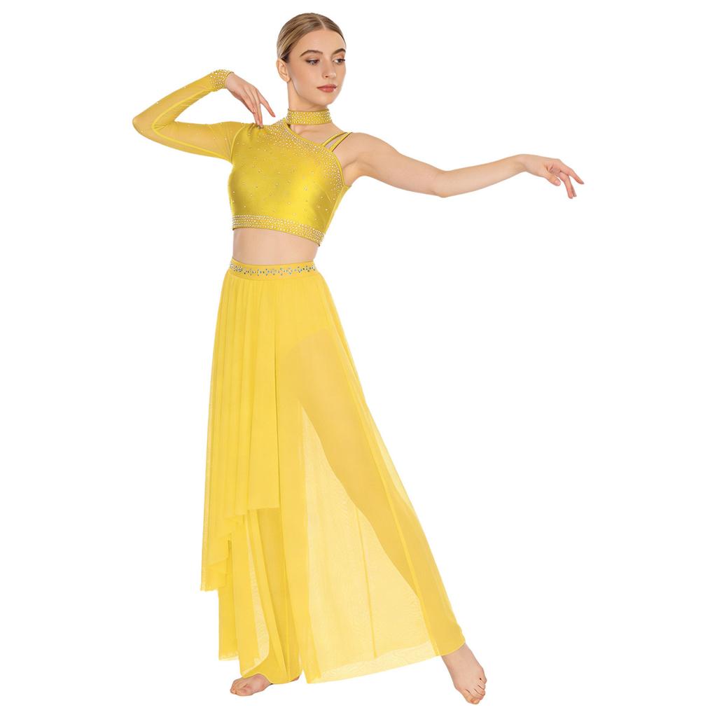 Эффектный костюм для лирического танца для женщин S-XXL: Привлекательный асимметричный дизайн со стразами и струящейся юбкой-накидкой