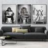 Funny Bathroom Lion Sitting On Toilet Reading Newspaper Poster Modern Wall Art HD Picture Canvas Print For Room Home Decor