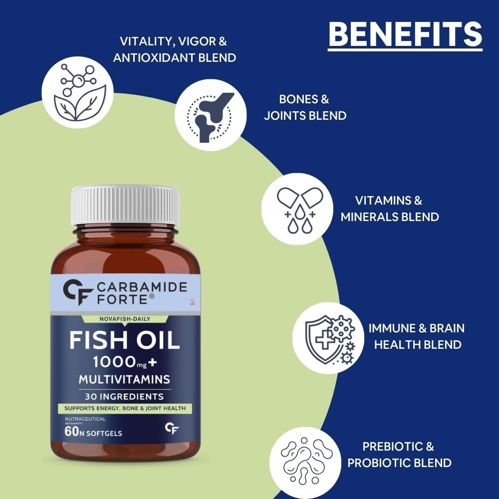 Carbamide Forte Fish Oil with Multivitamin 1000mg Omega 3 Capsules for Men & Women 60 Softgel Capsules