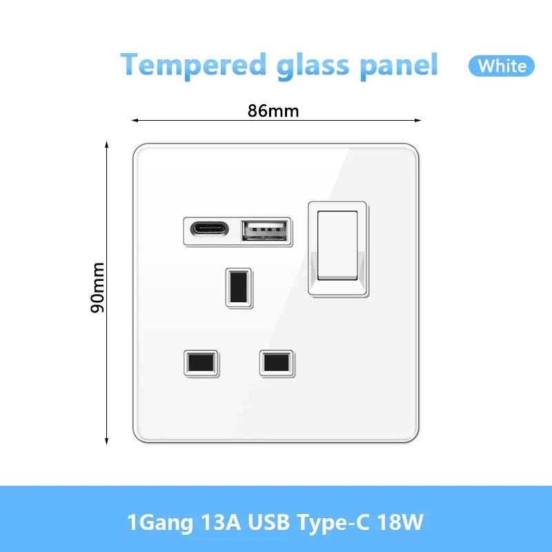 Стандарт Великобритании настенный светодиодный выключатель 2-позиционный розетка питания, 18 Вт быстрая зарядка универсальная двойная 3-контактная вилка USB Type-C стеклянная розетка