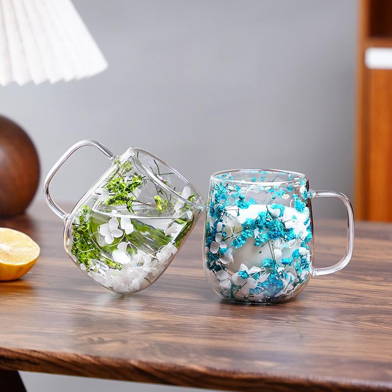 Flower-Infused Glass Mug - Decorative Dried Flower Clear Coffee/Tea Cup (Multi-Color Options)