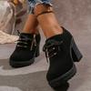 Fashion High Heel Low Top Fall New Women Boots 2025 Round Metal Buckle Front Lace-Up Side Zip Non-Slip Platform Block Heel Boots