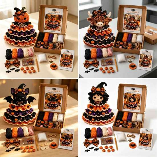 Crochet Yarn Pack with Hook Filling Christmas DIY Quilted Fabric Tree Craft Kit, 3D Padded Patchwork Sewing Set Autumn Festival Decorative Projects