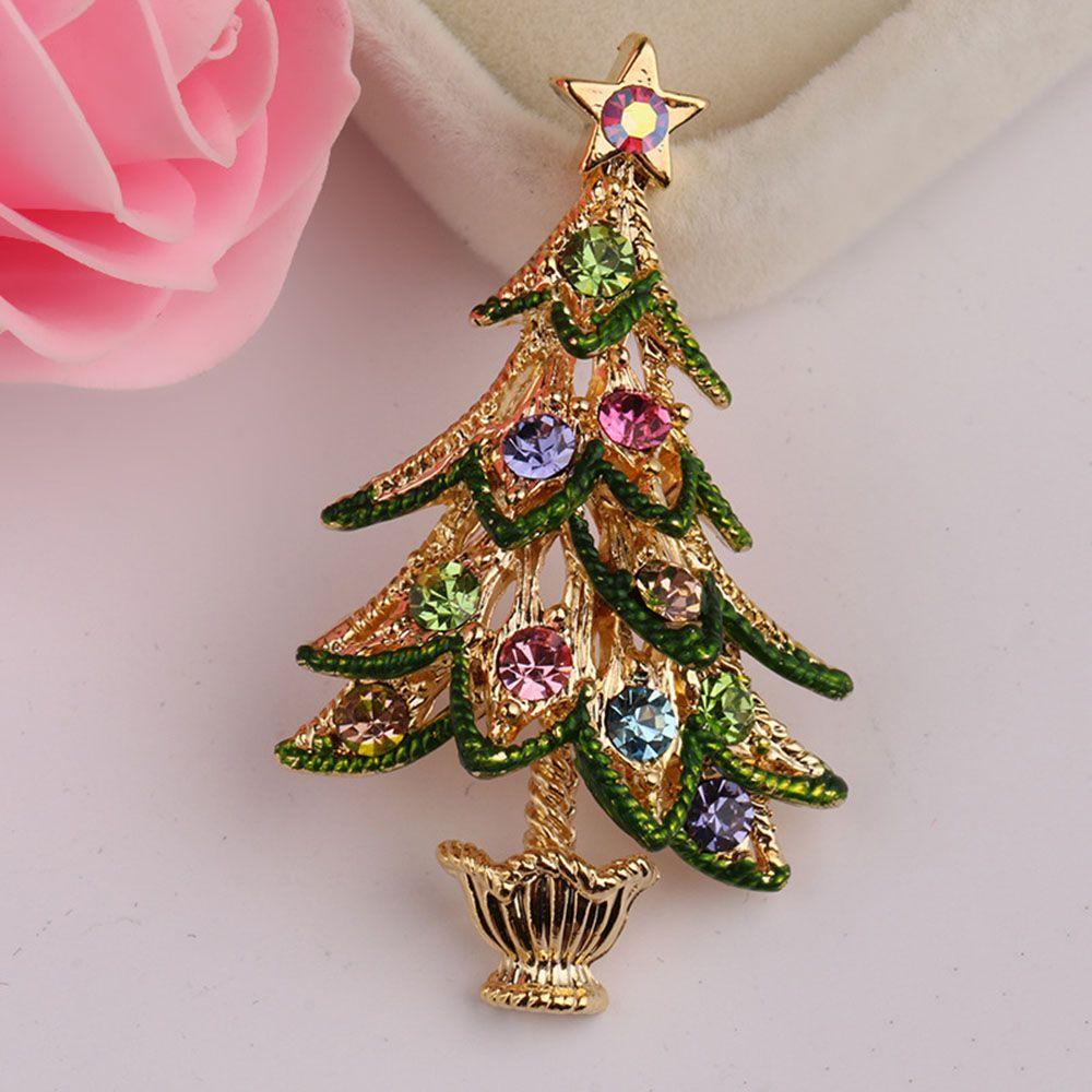 XMAS Small Gift Decor Accessories Crystal Woman Christmas Tree Brooches Jewelry Lapel Pins