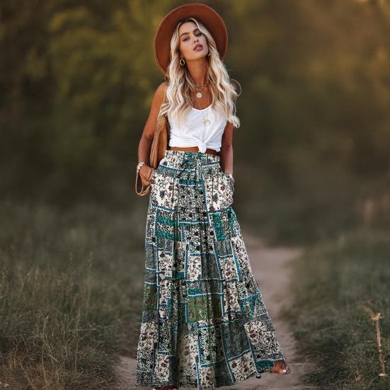 Women Maxi Skirt High Waist Large Hem Boho Printed Ruffle Stitching Long Skirt Summer Casual Skirt Daily Wear