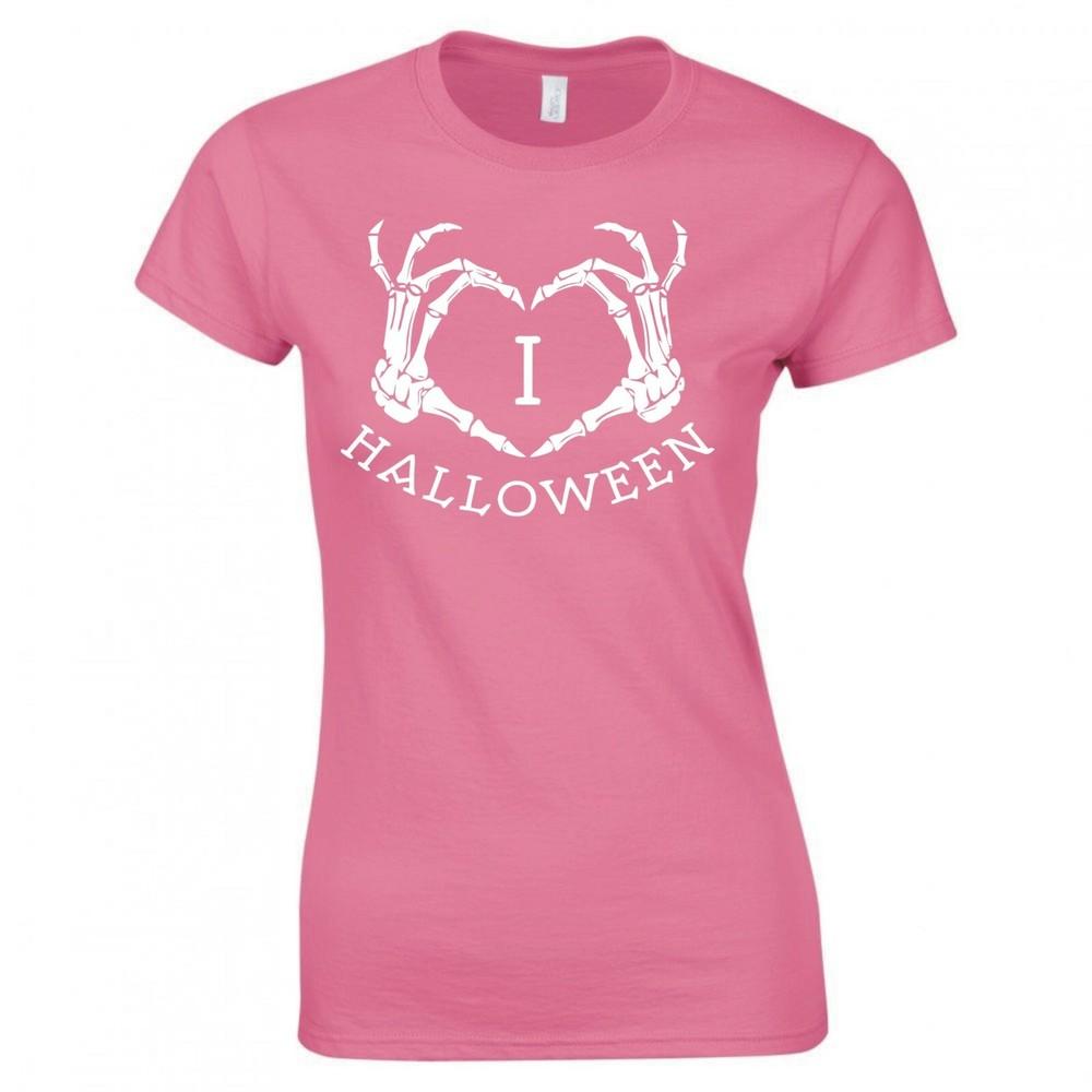 I Love Halloween Skeleton Heart Hands Ladies Skinny Fit TShirt