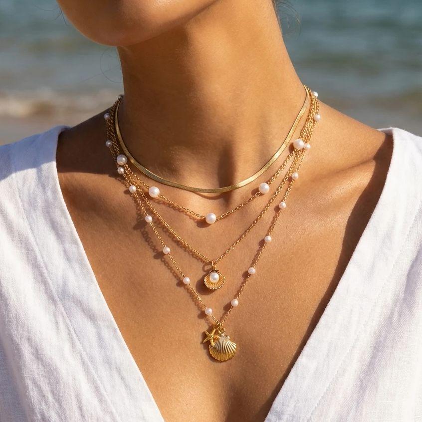 4Pcs Starfish Shell Imitation Pearl Necklaces Set for Women Simple Chain Multi-layer Necklaces Trendy Summer Beach Jewelry Gift