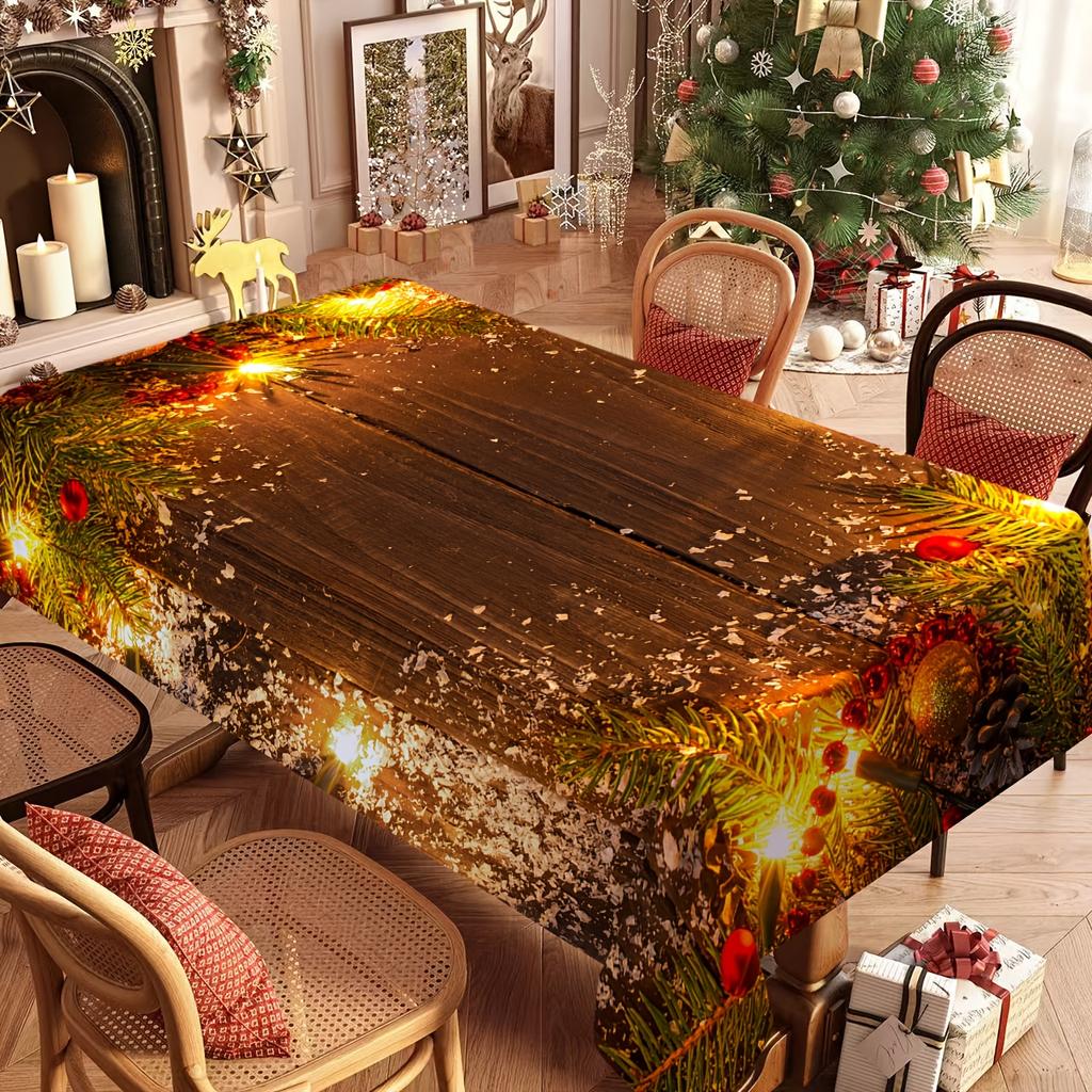 1pc Christmas Tablecloth with Pine Cones and Red Berries Design Tablecloth, for Holiday Dinner Party Decor