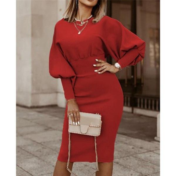 Элегантное женское платье миди с объемными рукавами и талией, однотонное платье на осень и зиму, Vestidos