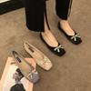 Rhinestone Bow Square Head Single Shoes Women's Flat Bottom Versatile Soft Sole Grandma Shoes Satin Single Shoes New Evening Shoes