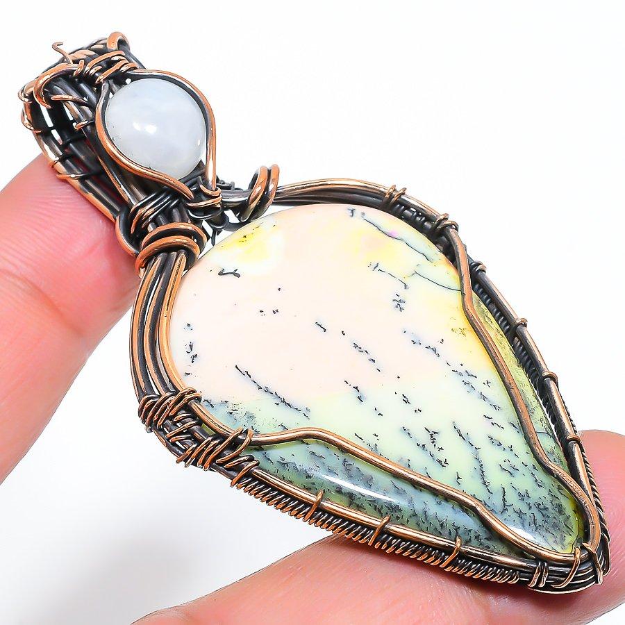 Yellow Dendritic Handmade Copper Wire Wrap Jewelry Pendant 2.84" H4a30