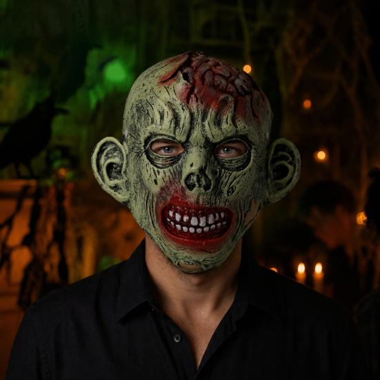 Halloween Cosplay Accessory Green Zombie Mask, Realistic Full Face Mask with Simulated Blood Masque Damaged Flesh And Texture for Scary Party Props