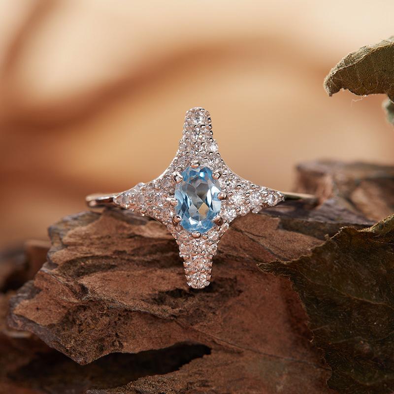 S925 Sterling Silver Natural Tanzanite Garnet Peridot Topaz Sapphire Ring Four-Pointed Star Index Finger Ring