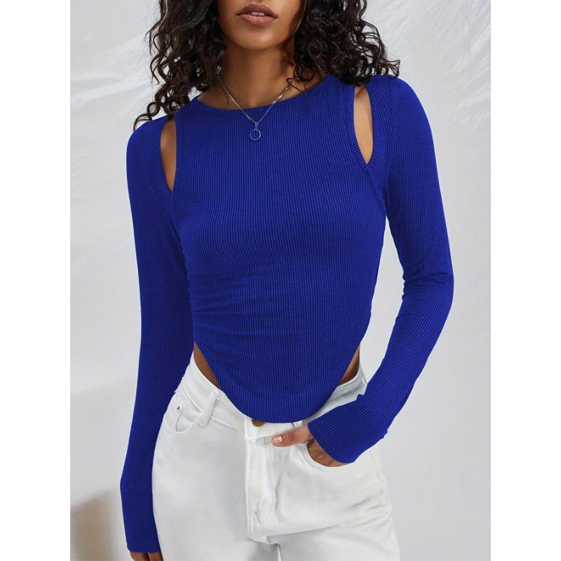 Весна и осень женский полый нерегулярный круглый вырез вязаный сексуальный модный топ с длинными рукавами