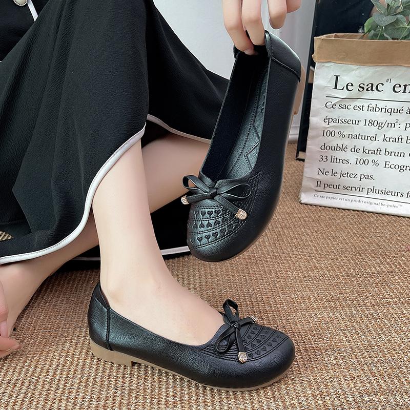 2024 Новая женская обувь Весна и Осень Модные туфли на плоской подошве с круглым носком и неглубоким вырезом на низком каблуке с бантом