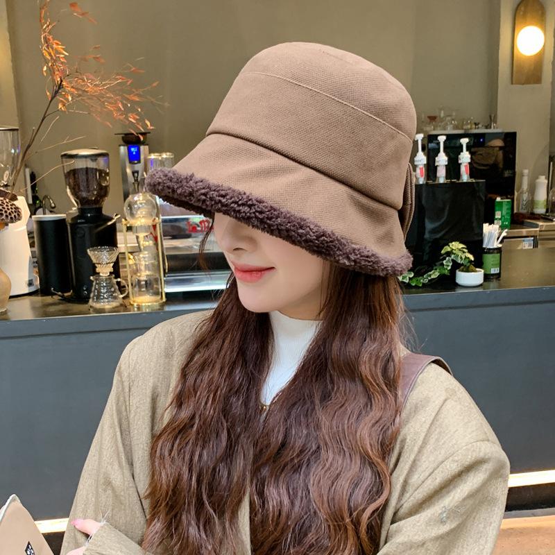 Шляпа женская японская шляпа-ведро из искусственной овечьей шерсти с бантом, утолщенная плюшевая теплая повседневная универсальная шляпа-тазик Tide