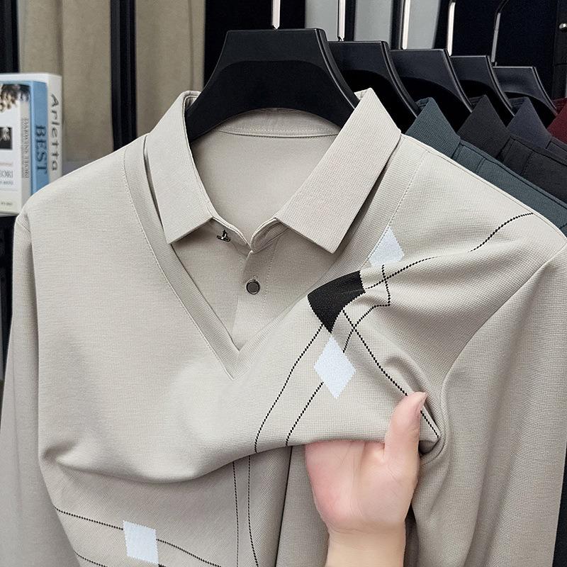 Men S Fake Two Piece Long Sleeve Polo Shirt Casual Solid Color Top
