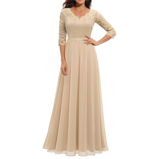 Women V-neck 3/4 Sleeve Gown Dress Crochet Lace Mesh Stitching High Waist A-Line Maxi Dress Backless Solid Color Long Dress