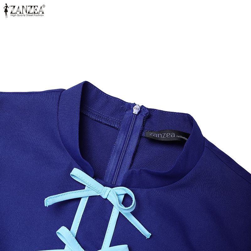 ZANZEA Женское повседневное летнее платье с принтом, воротником-стойкой и короткими рукавами