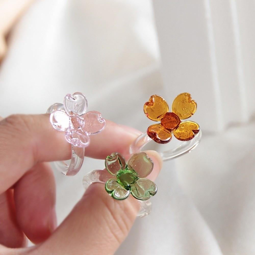Handmade Glass Four-leaf Clover Ring Cute Coloured Glaze Ring Daisy Flowers Finger Ring Girls