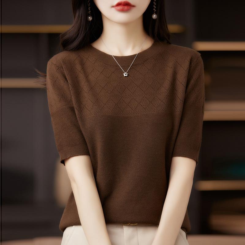 Spring Women's T-shirt Round Neck Knitted T-shirt Solid Colour Hollow Out Tops Knitwear