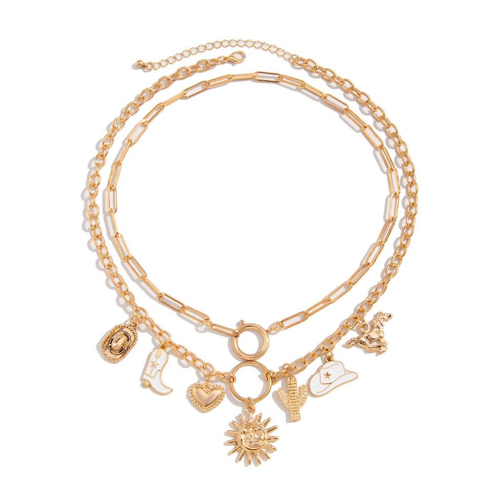 Summer Beach Collection Pendant Necklace Holiday Style Love Sun Cross Chain Lock Bone Chain Personalised Fashion Vintage Women's Necklace