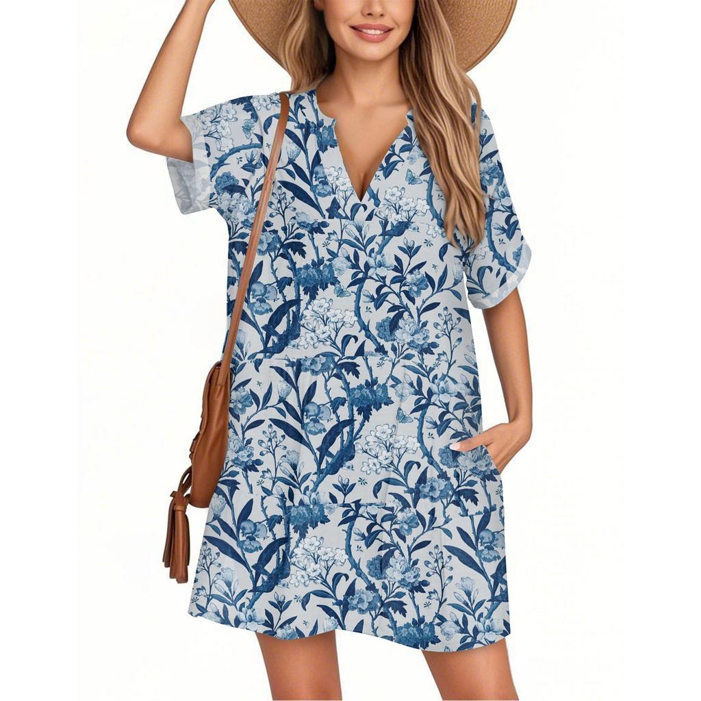 Women's Fashion Smock Hawaiian Floral Casual Short Sleeve V-neck T-shirt Dress Holiday Beach Dress