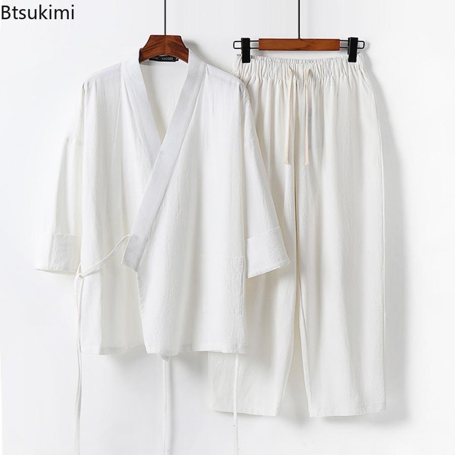 Мужской летний хлопково-льняной костюм из двух частей в китайском стиле на шнуровке, кимоно-топ + брюки, повседневный костюм, мужской винтажный костюм ханьфу, костюм тан, M-9XL