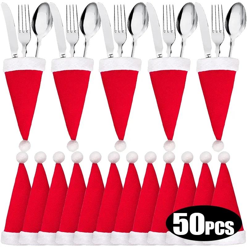 Мини Рождественский Чехол для Столовых Приборов Шапка Санты Набор Нож Вилка Ложка Карманы Сумки Декор Организатор Столовой Посуды для Праздничного Ужина