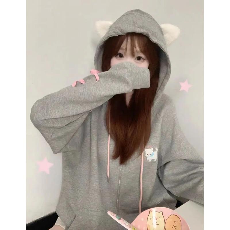 Kawaii милая толстовка в стиле Харадзюку, женская японская модная толстовка с капюшоном на молнии и ремнями с милым котом, мягкая толстовка для девочек 2023