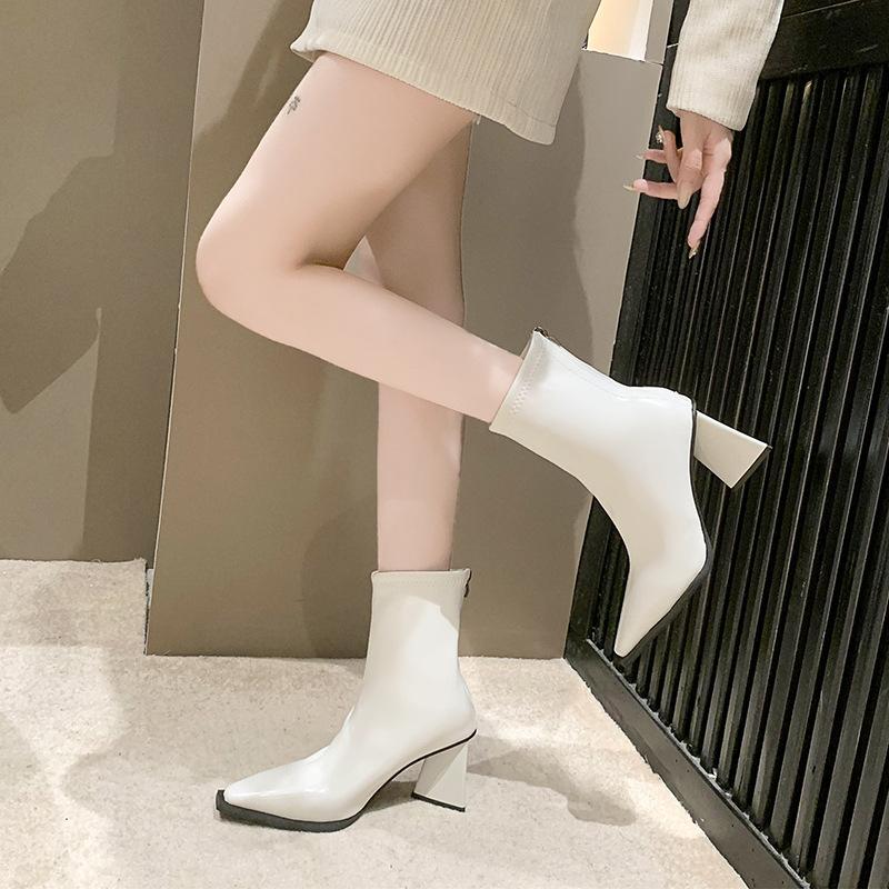 Short boots women's high heels 2024 autumn and winter new velvet thick heel French small ankle boots rear zipper elastic pointed thin boots